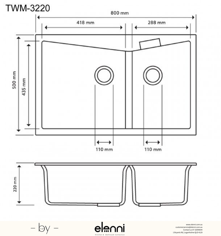CGDB3220 Double Bowl Granite Sink 800 x 500 x 220mm - Concrete Grey Elenni specification drawing