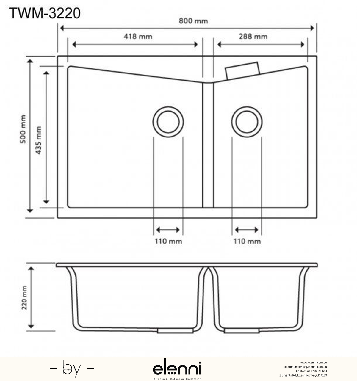 CGDB3220 Double Bowl Granite Sink 800 x 500 x 220mm - Snova White Elenni specification drawing