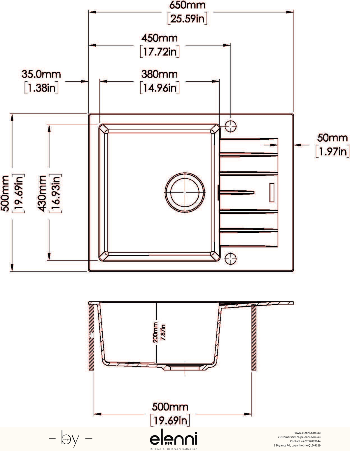 City D100 Single Bowl Granite Sink with Drainboard 650 x 500mm - Deep Black Elenni specification drawing