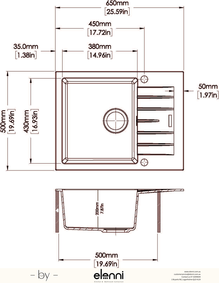 City D100 Single Bowl Granite Sink with Drainboard 650 x 500mm - Deep Black Elenni specification drawing