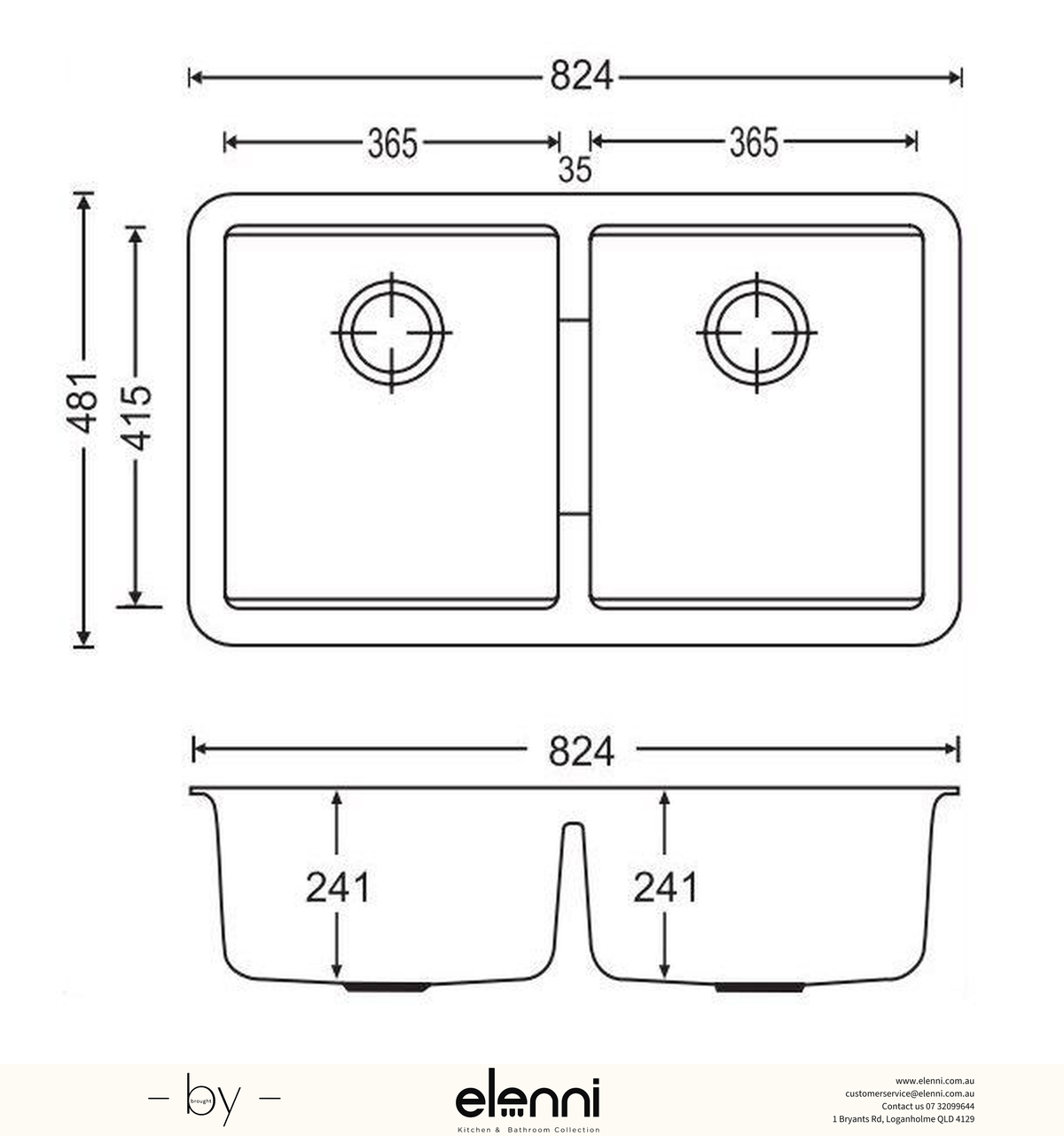 Double Bowl Granite Sink 824 x 481 x 241mm - Concrete Grey Elenni specification drawing