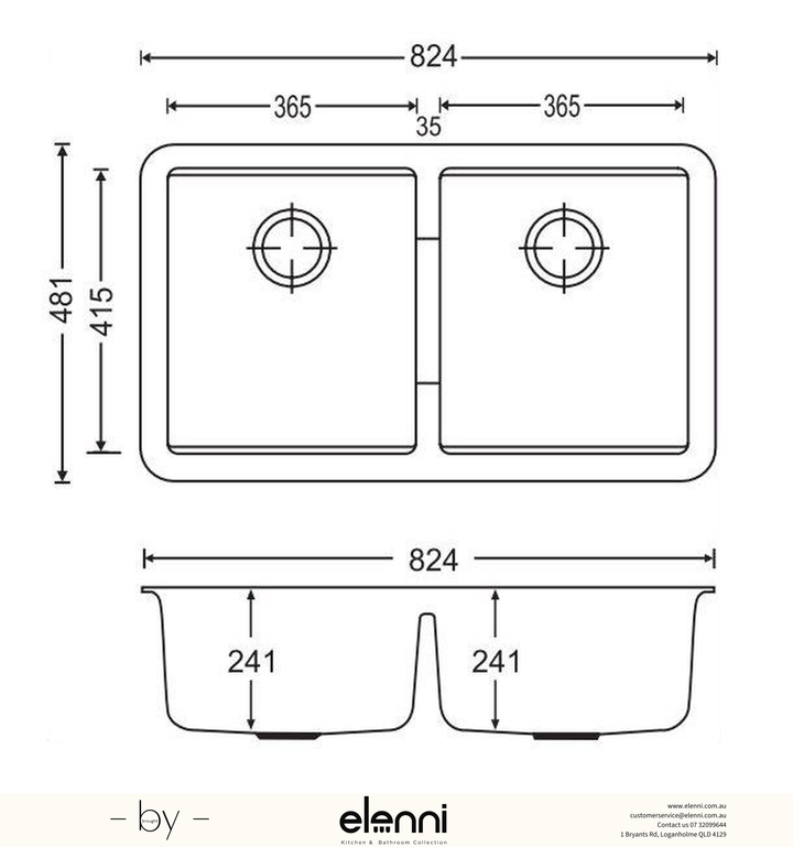 Double Bowl Granite Sink 824 x 481 x 241mm - Concrete Grey Elenni specification drawing