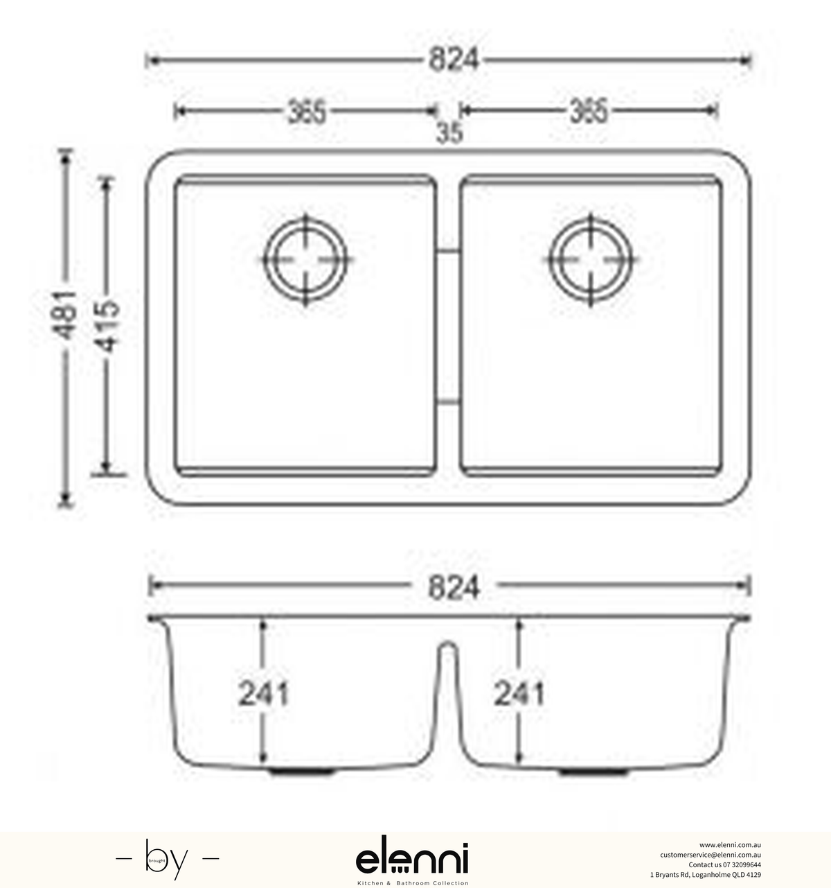 Double Bowl Granite Sink 824 x 481 x 241mm - Deep Black Elenni specification drawing