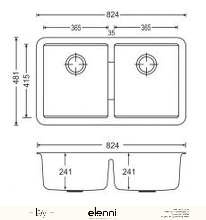 Double Bowl Granite Sink 824 x 481 x 241mm - Deep Black Elenni specification drawing