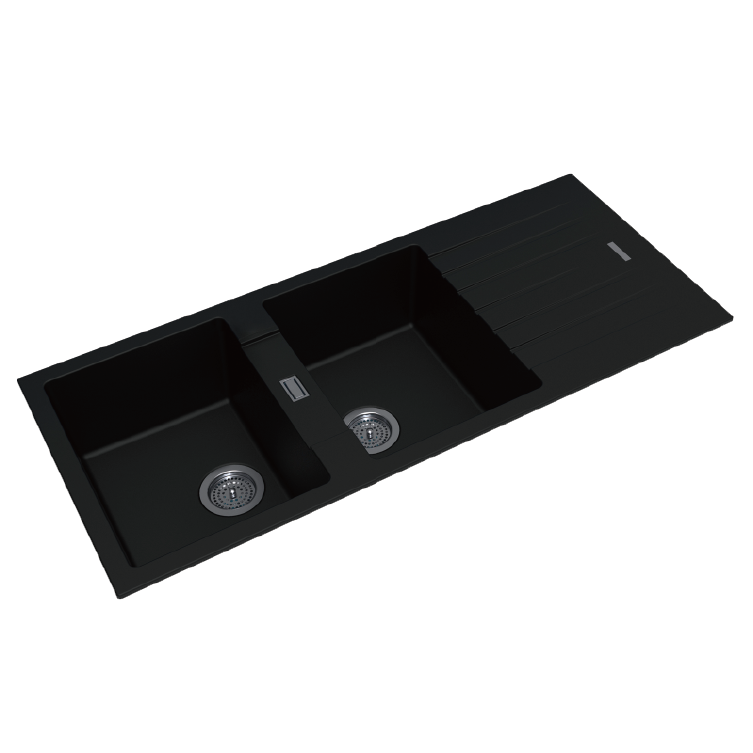 Double Bowl Granite Sink with Drainboard 1160 x 500 x 200mm - Deep Black 1