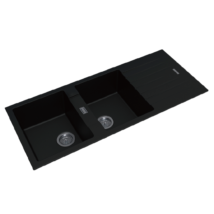 Double Bowl Granite Sink with Drainboard 1160 x 500 x 200mm - Deep Black 1