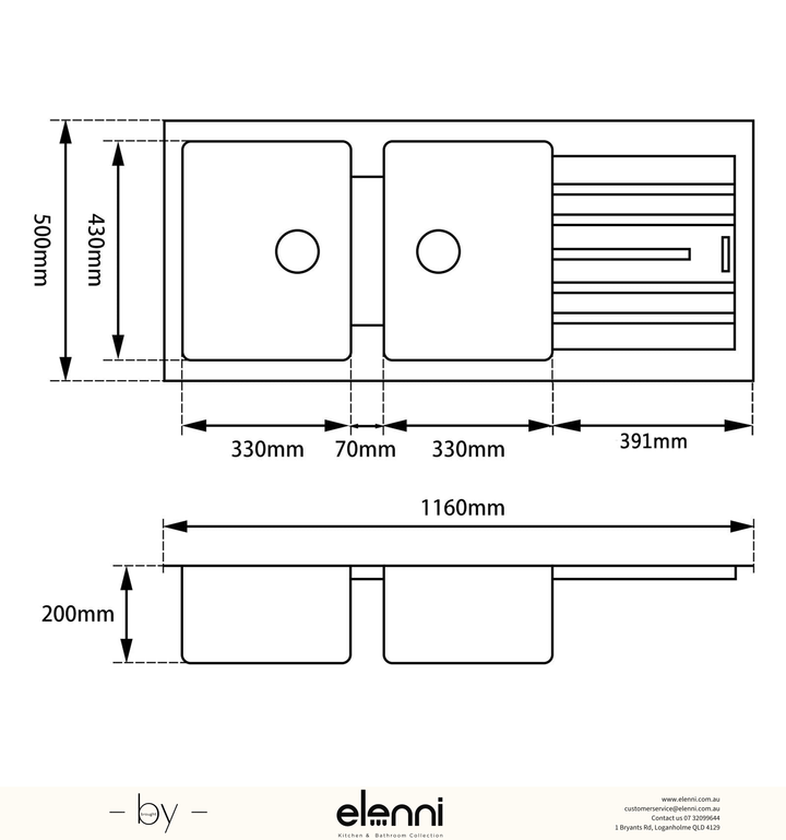 Double Bowl Granite Sink with Drainboard 1160 x 500 x 200mm - Deep Black Elenni specification drawing