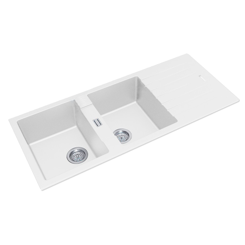 Double Bowl Granite Sink with Drainboard 1160 x 500 x 200mm - Snova White 1