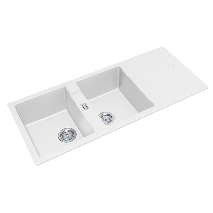 Double Bowl Granite Sink with Drainboard 1160 x 500 x 200mm - Snova White 1