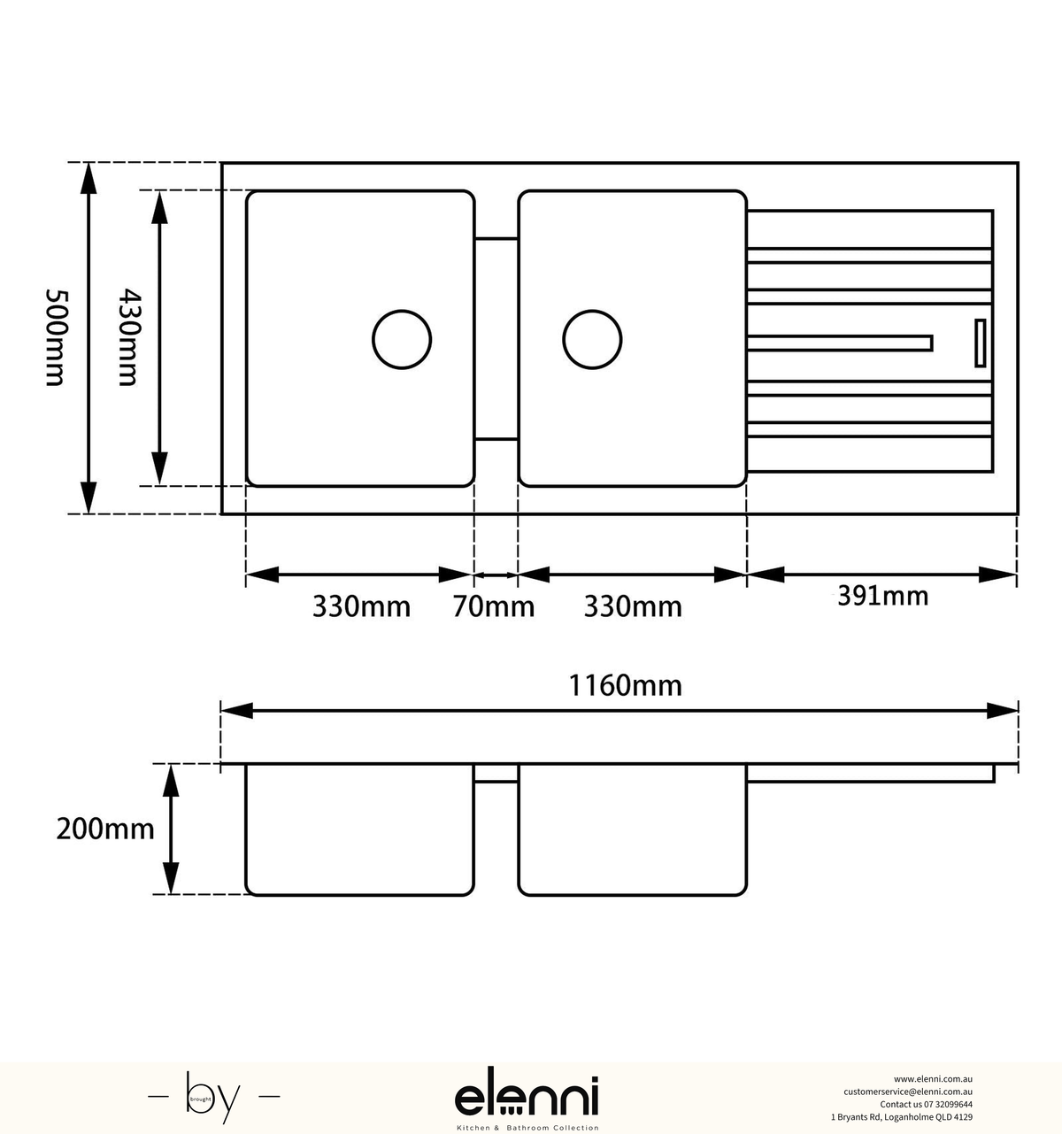 Double Bowl Granite Sink with Drainboard 1160 x 500 x 200mm - Snova White Elenni specification drawing