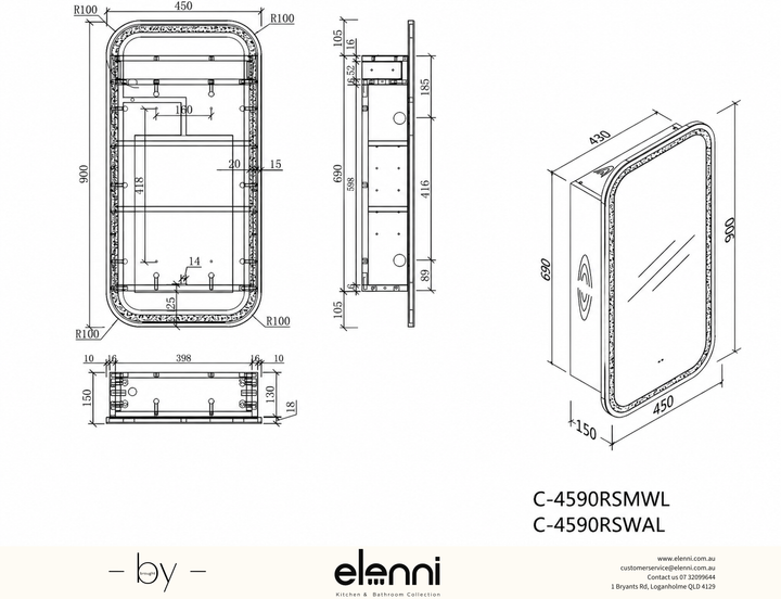 Earls Squircle LED Shaving Cabinet 450 x 900mm - Matte White Elenni specification drawing