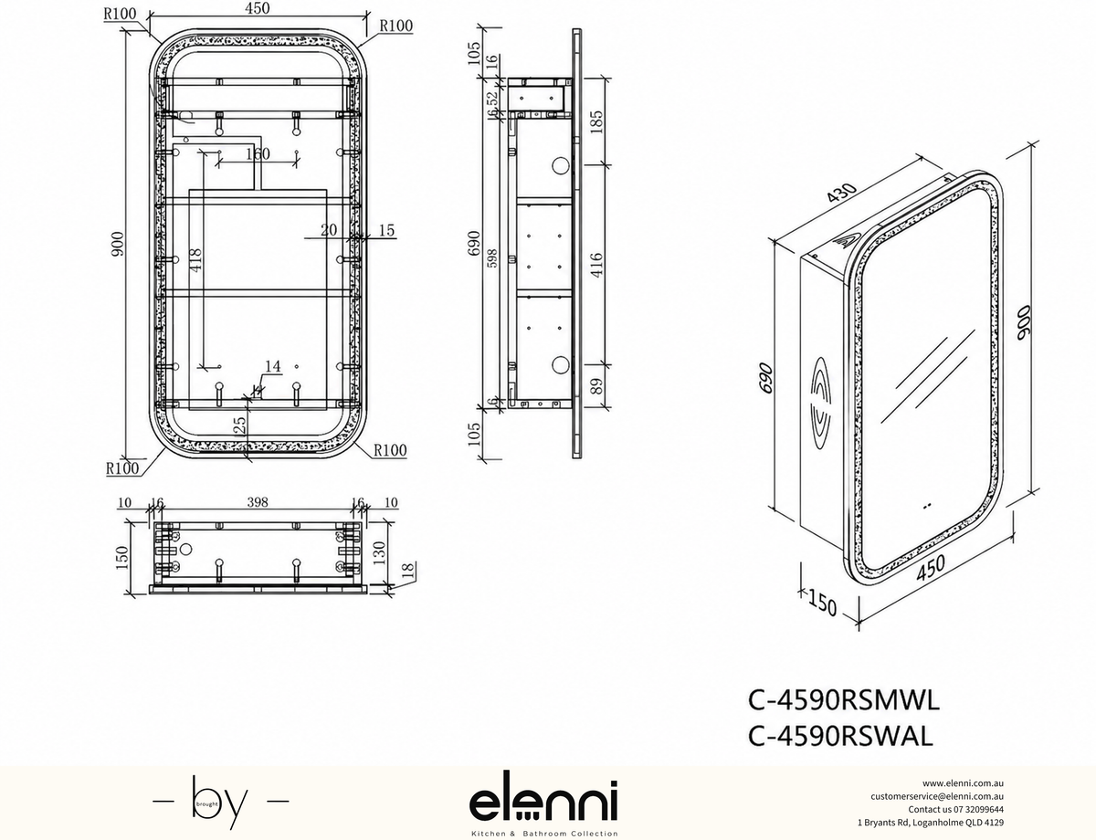 Earls Squircle LED Shaving Cabinet 450 x 900mm - Walnut Elenni specification drawing