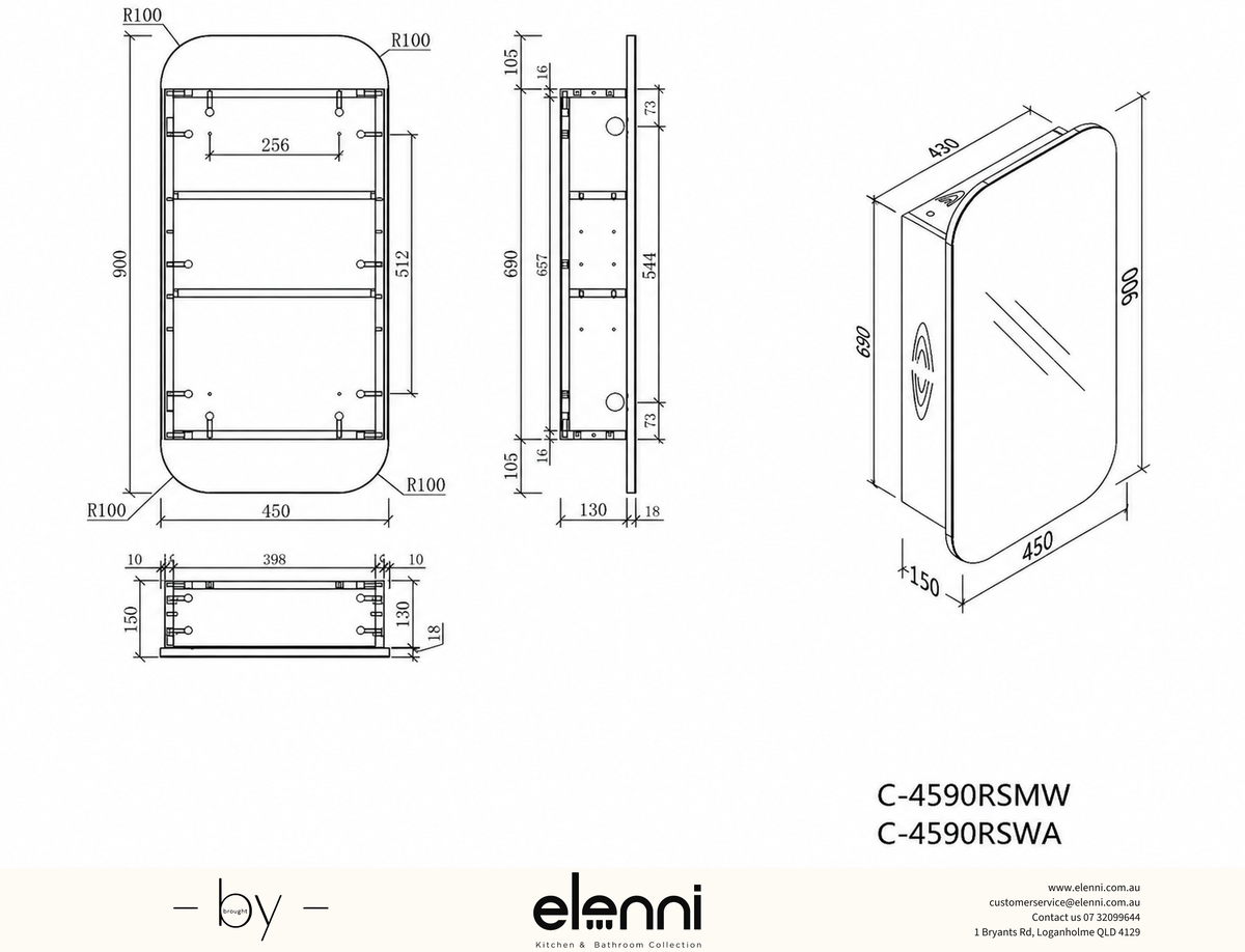 Earls Squircle Shaving Cabinet 450 x 900mm - Walnut Elenni specification drawing