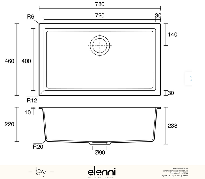 Enigma 100L Single Bowl Granite Sink 780 x 460 x 200mm - Deep Black Elenni specification drawing