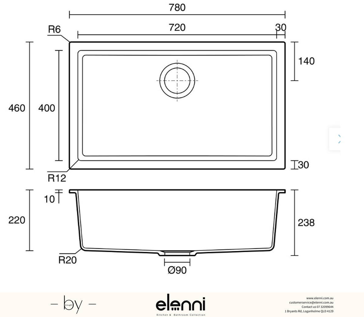 Enigma 100L Single Bowl Granite Sink 780 x 460 x 200mm - Snova White Elenni specification drawing