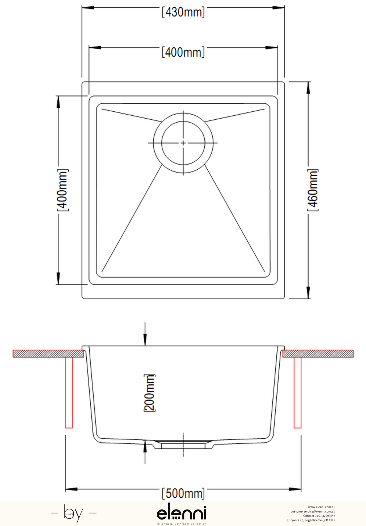 Enigma 100M Single Bowl Granite Sink 430 x 460 x 200mm - Deep Black Elenni specification drawing