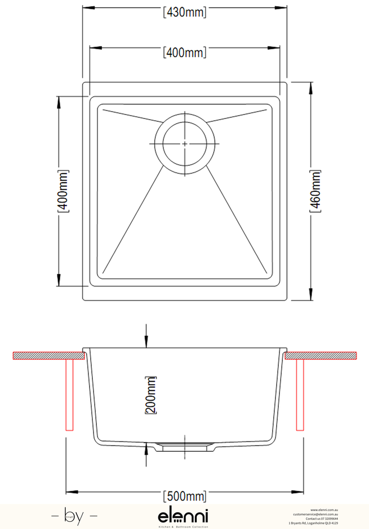 Enigma 100M Single Bowl Granite Sink 430 x 460 x 200mm - Deep Black Elenni specification drawing