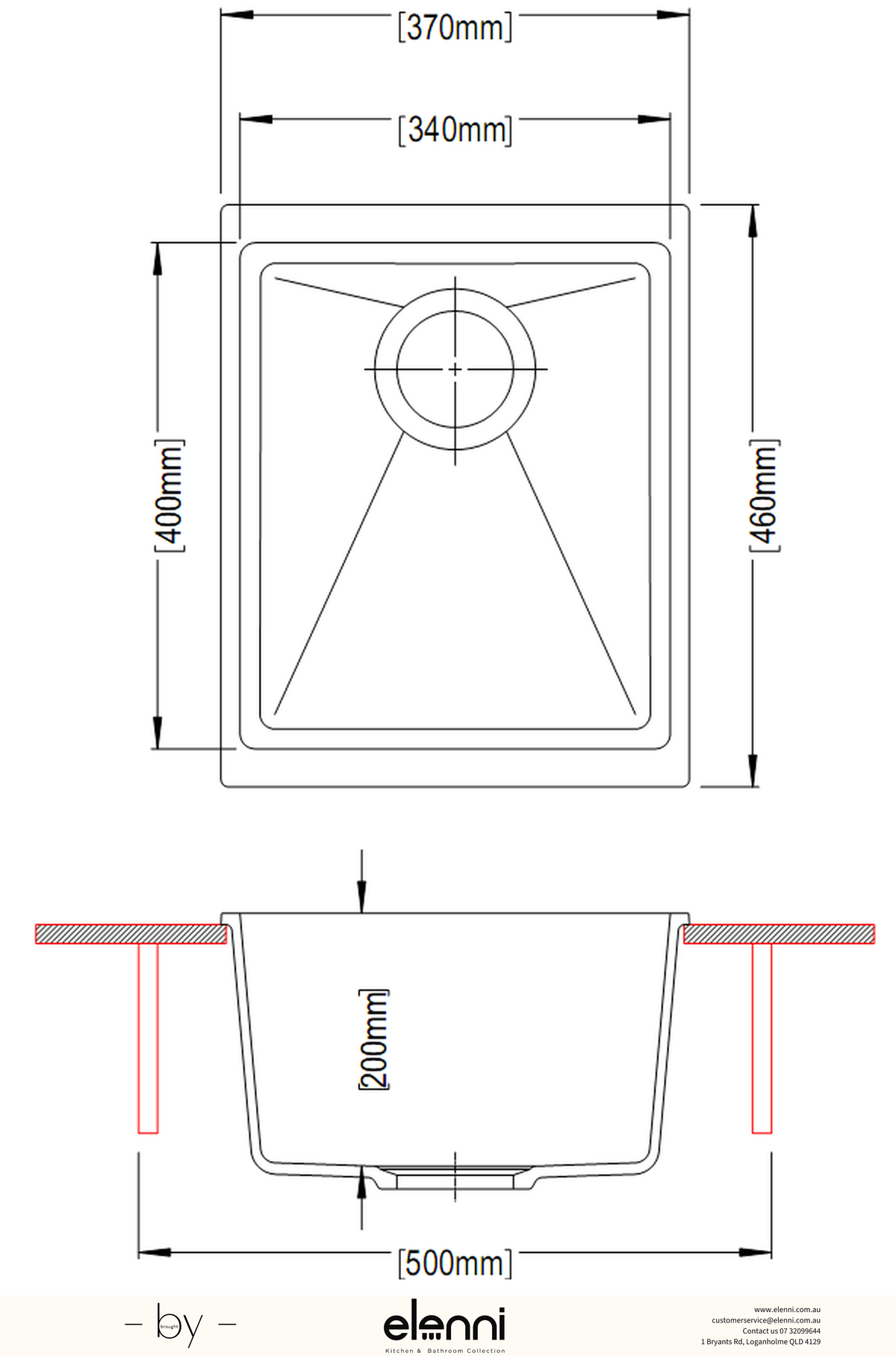 Enigma 100N Single Bowl Granite Sink 370 x 460 x 200mm - Deep Black Elenni specification drawing