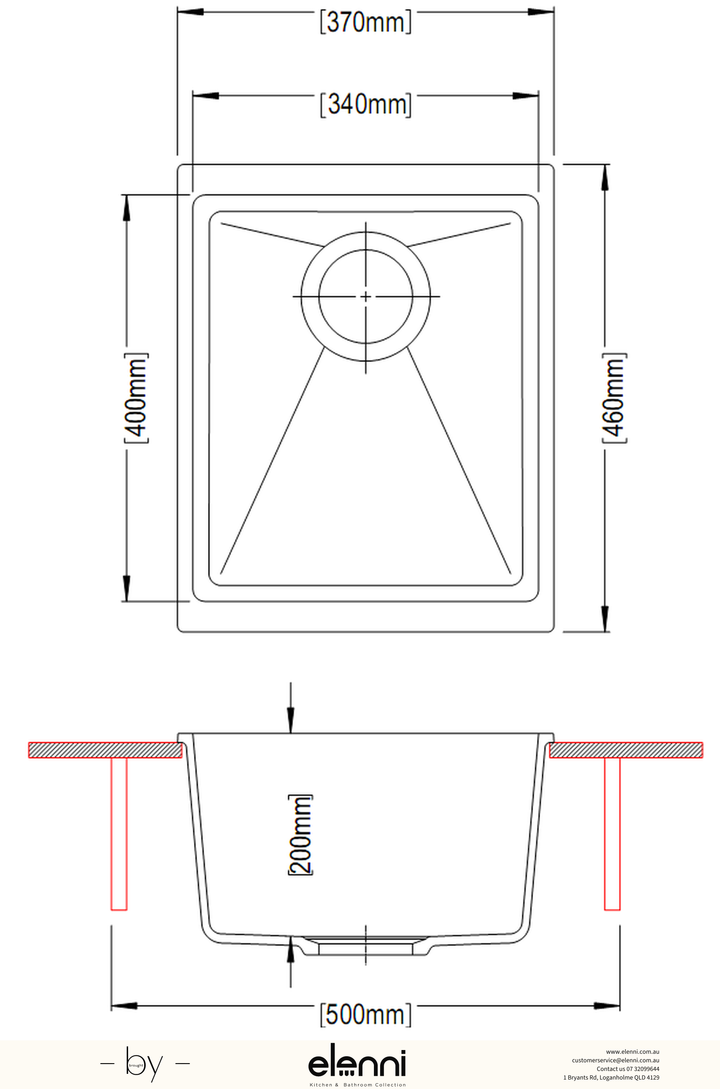 Enigma 100N Single Bowl Granite Sink 370 x 460 x 200mm - Snova White Elenni specification drawing