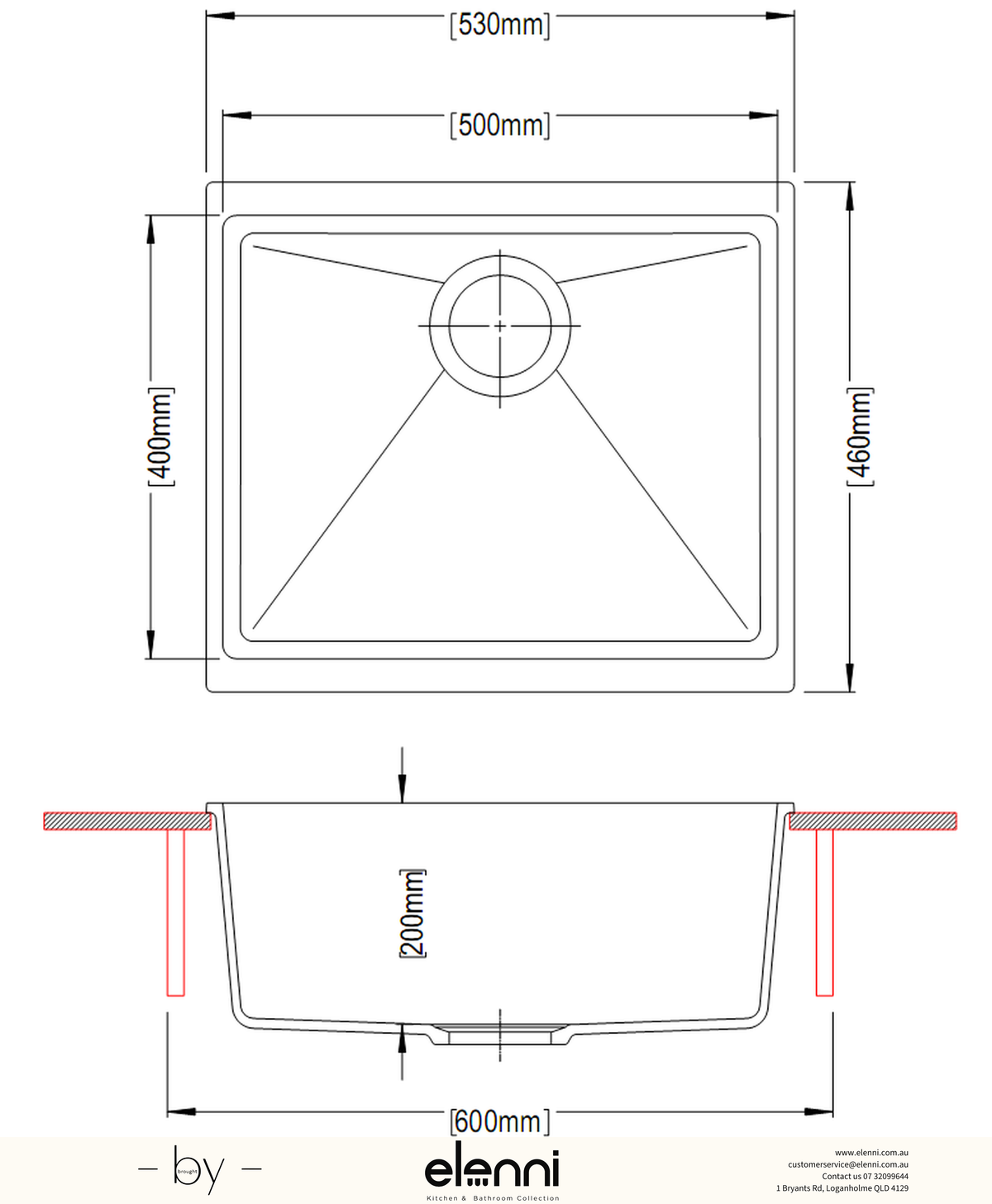 Enigma 100S Single Bowl Granite Sink 530 x 460 x 200mm - Deep Black Elenni specification drawing