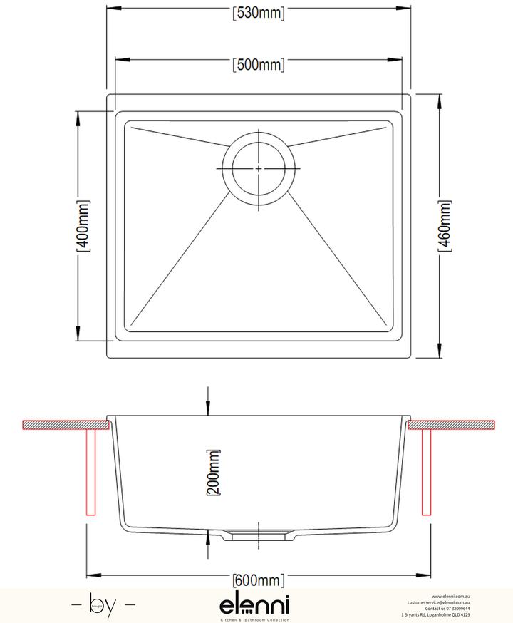Enigma 100S Single Bowl Granite Sink 530 x 460 x 200mm - Snova White Elenni specification drawing