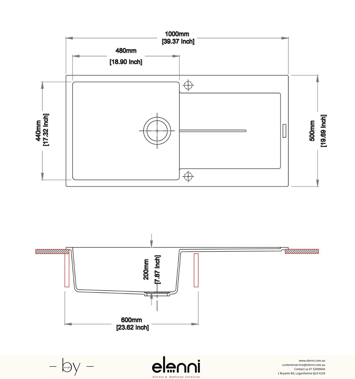 Enigma D100L Single Bowl Granite Sink with Drainboard 1000 x 500 x 200mm - Deep Black Elenni specification drawing