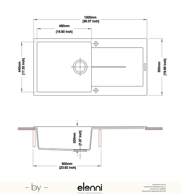 Enigma D100L Single Bowl Granite Sink with Drainboard 1000 x 500 x 200mm - Deep Black Elenni specification drawing