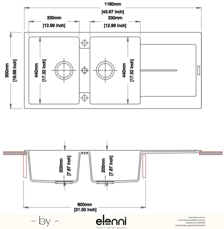 Enigma D200 Double Bowl Granite Sink with Drainboard 1160 x 500 x 200mm - Deep Black Elenni specification drawing
