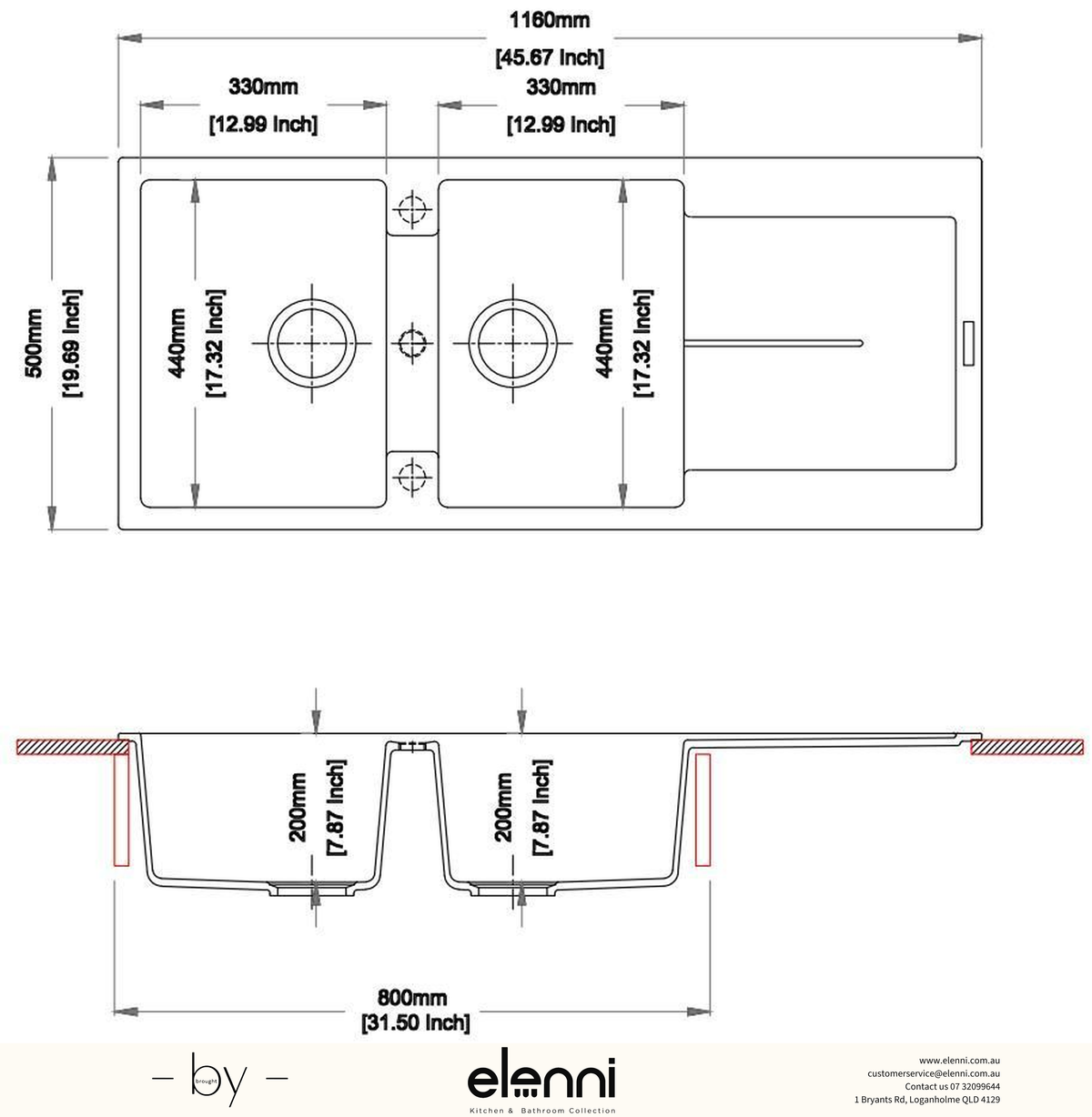 Enigma D200 Double Bowl Granite Sink with Drainboard 1160 x 500 x 200mm - Snova White Elenni specification drawing