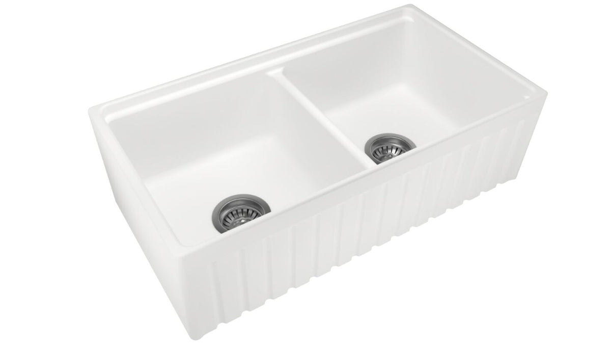 Fine Fireclay Double Bowl Farmhouse Sink 838 x 457 x 232mm - Snova White 1