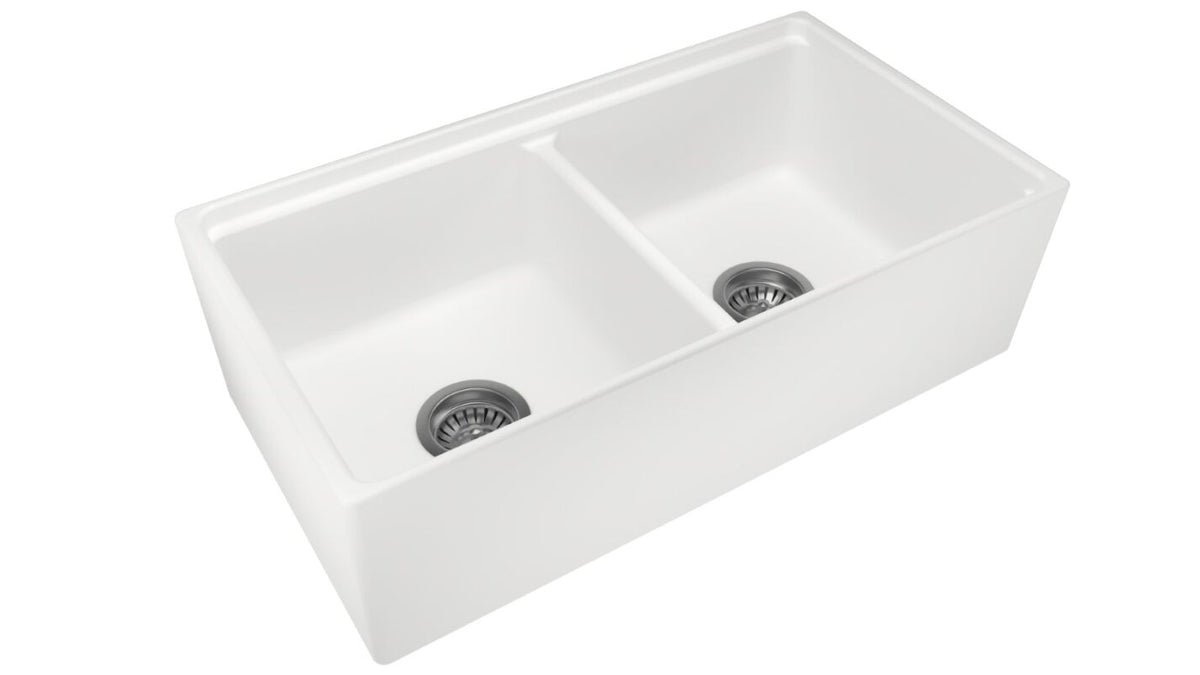 Fine Fireclay Double Bowl Farmhouse Sink 838 x 457 x 232mm - Snova White 2