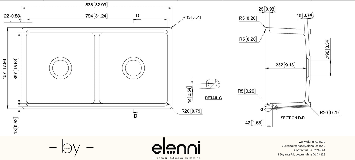 Fine Fireclay Double Bowl Farmhouse Sink 838 x 457 x 232mm - Snova White Elenni specification drawing
