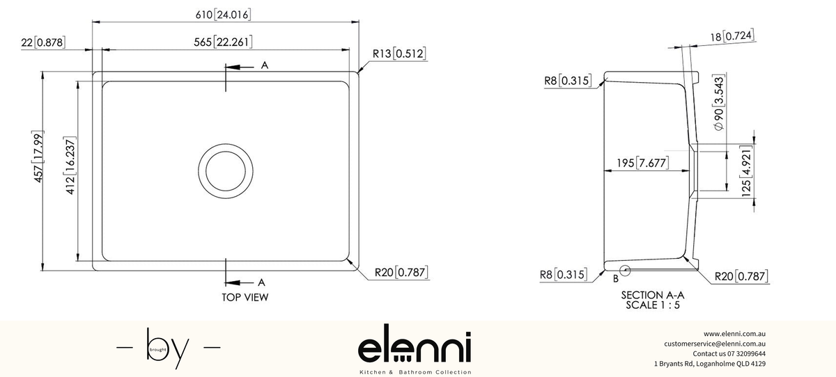 Fine Fireclay Single Bowl Farmhouse Sink 610 x 457mm - Snova White Elenni specification drawing