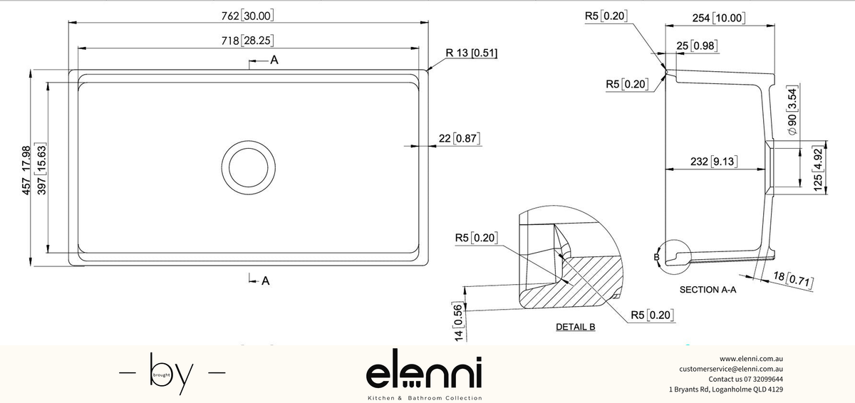 Fine Fireclay Single Bowl Farmhouse Sink 762 x 457 x 254mm - Snova White Elenni specification drawing