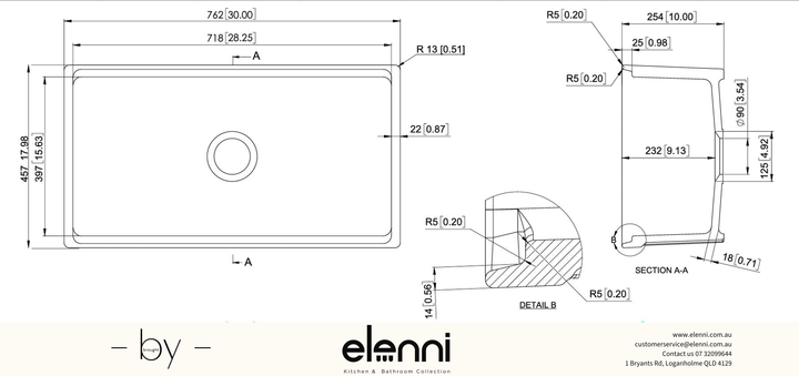 Fine Fireclay Single Bowl Farmhouse Sink 762 x 457 x 254mm - Snova White Elenni specification drawing