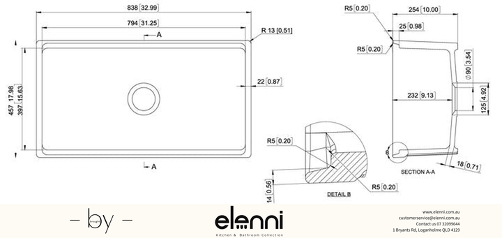Fine Fireclay Single Bowl Farmhouse Sink 838 x 457 x 232mm - Snova White Elenni specification drawing