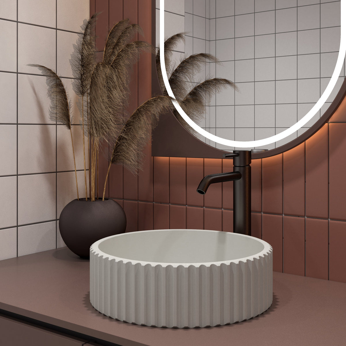 Fluted Above Counter Concrete Basin 400 x 400 x 120mm - Matte White 2