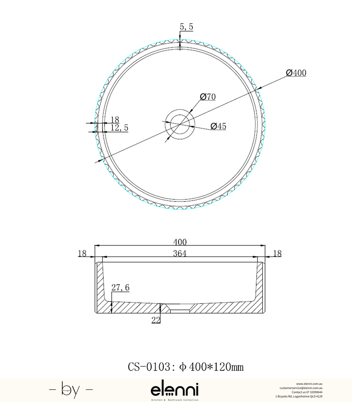 Fluted Above Counter Concrete Basin 400 x 400 x 120mm - Matte White Elenni specification drawing