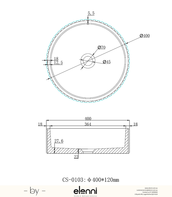 Fluted Above Counter Concrete Basin 400 x 400 x 120mm - Matte White Elenni specification drawing