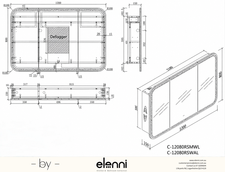 Grand Rounded Rectangle LED Shaving Cabinet 1200 x 800mm - Matte White Elenni specification drawing