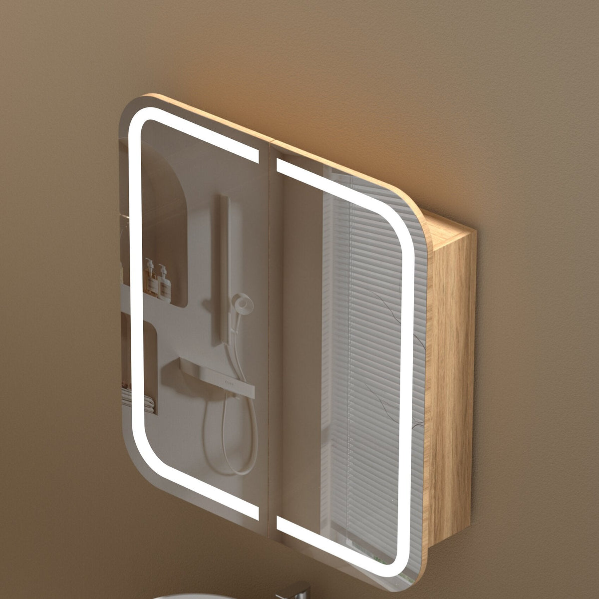 Grand Rounded Rectangle LED Shaving Cabinet 750 x 800mm - Walnut 2