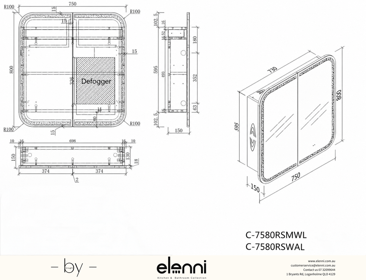 Grand Rounded Rectangle LED Shaving Cabinet 750 x 800mm - Walnut Elenni specification drawing
