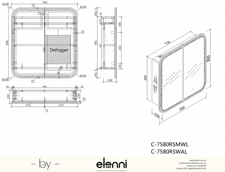 Grand Rounded Rectangle LED Shaving Cabinet 750 x 800mm - Walnut Elenni specification drawing