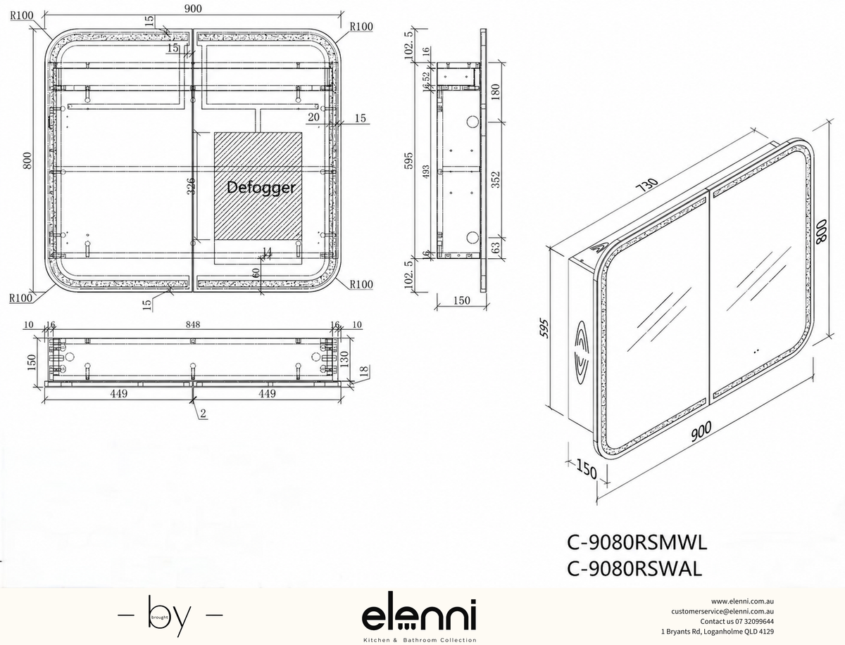 Grand Rounded Rectangle LED Shaving Cabinet 900 x 800mm - Walnut Elenni specification drawing