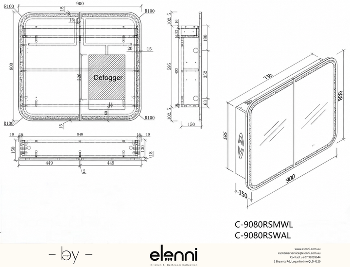 Grand Rounded Rectangle LED Shaving Cabinet 900 x 800mm - Walnut Elenni specification drawing