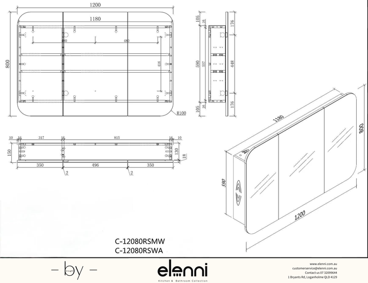 Grand Rounded Rectangle Shaving Cabinet 1200 x 800mm - Walnut Elenni specification drawing