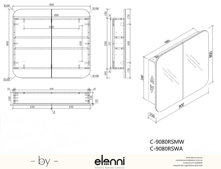 Grand Rounded Rectangle Shaving Cabinet 900 x 800mm - Matte White Elenni specification drawing
