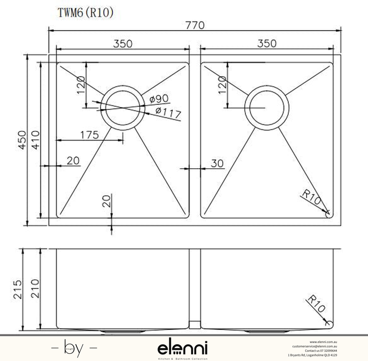 Handmade Double Bowl Sink 770 x 450 x 215mm - Brushed Gold Elenni specification drawing