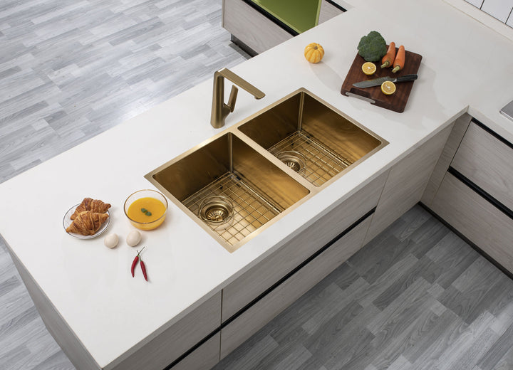Handmade Double Bowl Sink 770 x 450 x 215mm - Light Brushed Gold 2