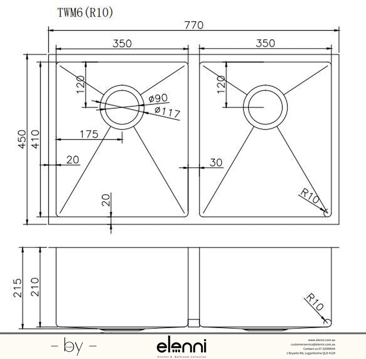 Handmade Double Bowl Sink 770 x 450 x 215mm - Light Brushed Gold Elenni specification drawing